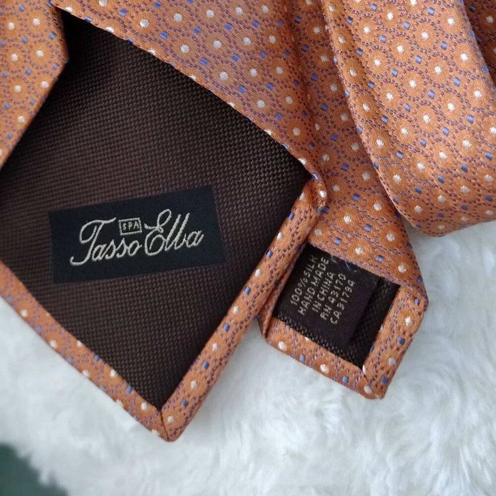 Tasso Elba 100% Silk Tie Orange Geometric Dot Pattern Classic Men's Necktie - Picture 6 of 7